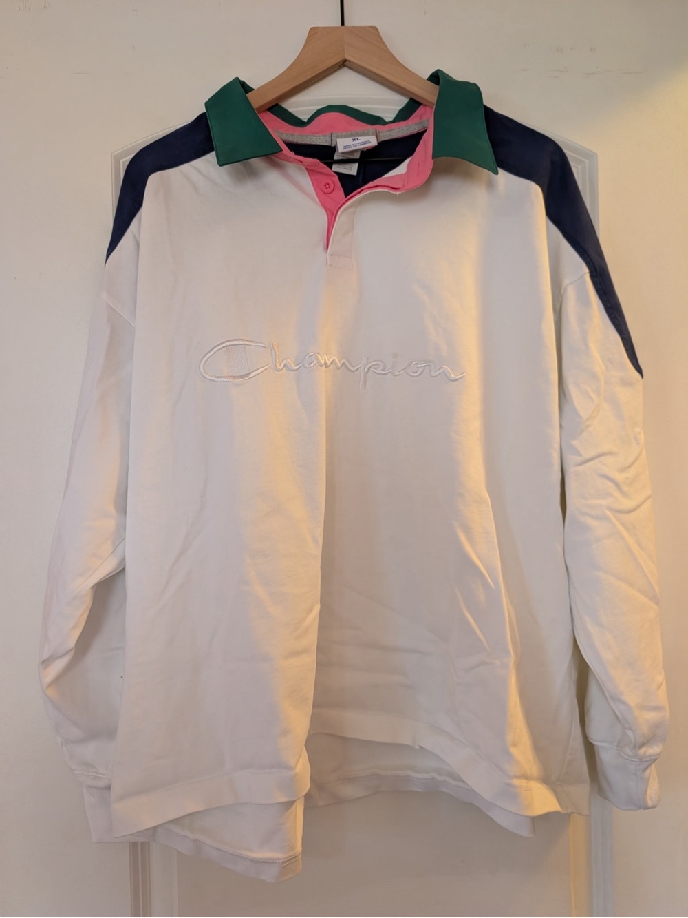Champion White Rugby Polo with Green Collar, Pink Placket & Navy Shoulder Panels